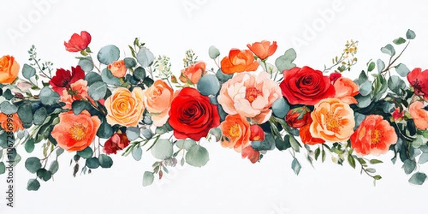 Obraz Watercolor frame with bright orange blossoms, red roses, and peach peonies intertwined with eucalyptus greenery, forming a beautiful botanical border for stationary