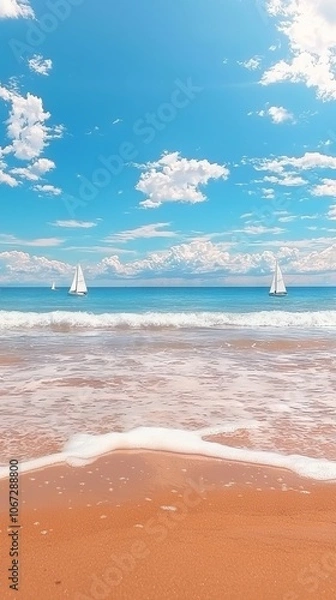 Fototapeta Serene beach scene with sailboats and a clear blue sky.