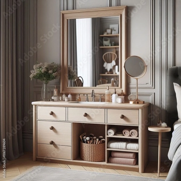 Fototapeta A vanity table with a built in mirror providing functionality fo