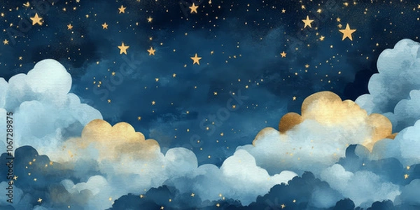 Obraz Seamless celestial night sky pattern with delicate gold foil stars and clouds in watercolor textures, featuring constellations on a dark blue background