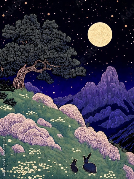Obraz Illustrated night scene featuring a full moon, two rabbits on a flower-strewn hillside, and a starry sky, evoking a magical, peaceful atmosphere