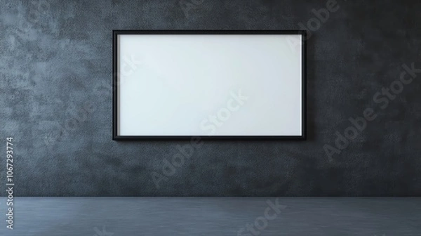 Fototapeta Modern gallery with a blank black frame on a dark textured wall, spotlit for high visual impact and mockup use