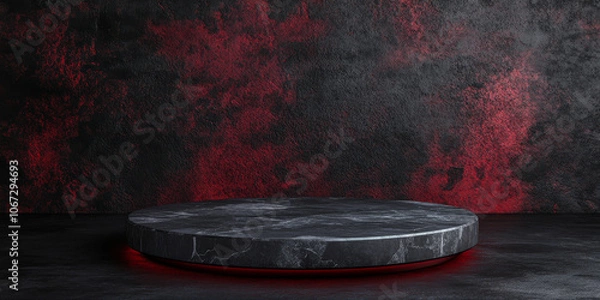 Fototapeta Black stone podium with deep red accents and a polished surface, suitable for a dramatic product showcase