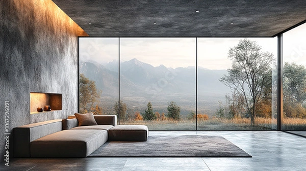 Fototapeta Modern Living Room Featuring Large Windows and Mountain Views at Sunset. Generative AI