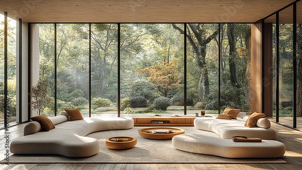Fototapeta Elegant Modern Living Room With Large Windows Overlooking a Serene Garden. Generative AI