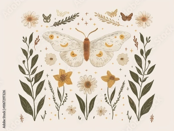 Obraz Whimsical boho moth and floral pattern with vintage elements