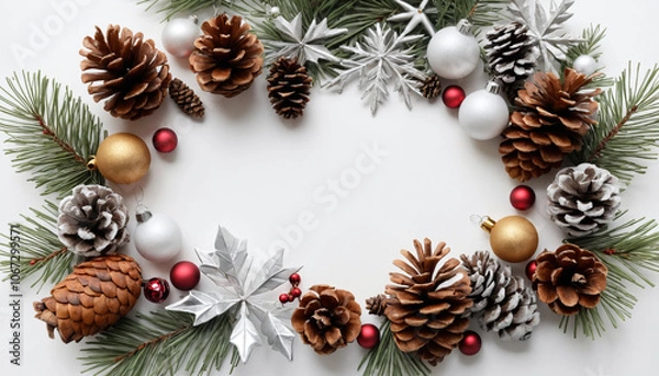 Obraz Christmas wreath frame with pinecones and ornaments