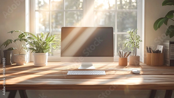 Fototapeta A Cozy Workspace With a Computer and Plants Bathed in Sunlight by a Window. Generative AI