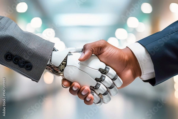 Fototapeta Human Hand Shaking with Robotic Hand in a Business Setting