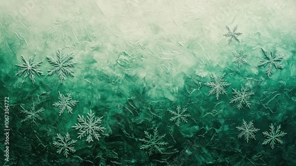 Fototapeta Rich emerald green to pale mint gradient with light snowflake textures, inspired by Christmas evergreens.