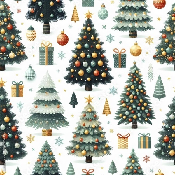 Obraz Seamless pattern with christmas trees and decorations.