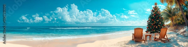 Obraz Christmas celebration on a sandy beach with two beach chairs and festive Christmas tree. Relaxing day over ocean. Happy New Year travel destinations. Background with copy space. Generative Ai content