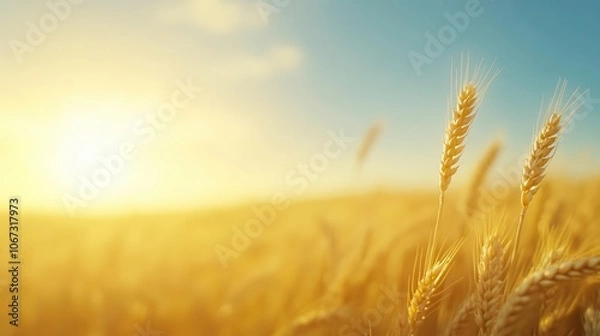 Obraz Golden wheat field with clear sky area for overlay text, nature template, bountiful harvest