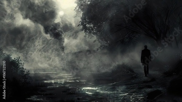 Fototapeta Mysterious Figure Walking Through a Foggy Forest Path