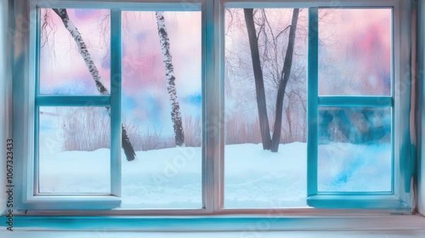 Fototapeta Frost covered window overlooking snowy garden with bare trees and colorful sky, creating serene winter scene