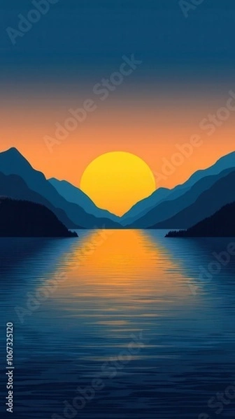 Fototapeta Sunset over mountains and calm water