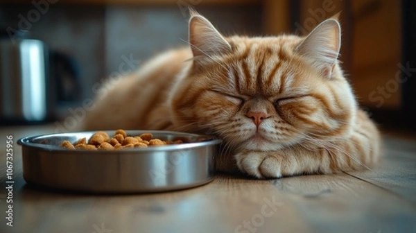 Fototapeta A ginger cat is napping next to a bowl of cat food on a wooden floor.