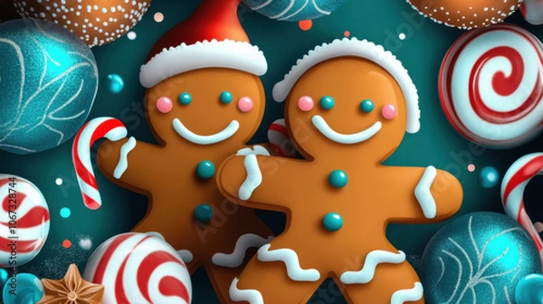 Fototapeta Playful gingerbread men with candy canes and festive decorations create joyful holiday scene. vibrant colors and cheerful expressions evoke sense of warmth and celebration