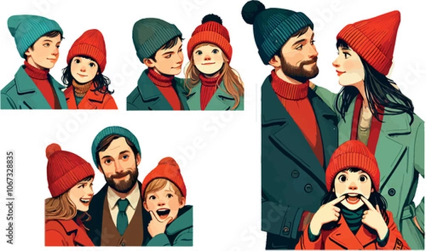Fototapeta Warm Winter Outfits on Cold Snowy Day. Cute Family