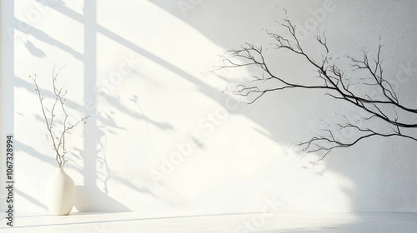 Obraz Minimalist white wall with organic textures, featuring a delicate branch casting a shadow and a vase with dried branches adding visual interest.
