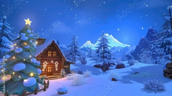 Fototapeta A Christmas tree in the foreground, a cozy winter house with lights on top of it