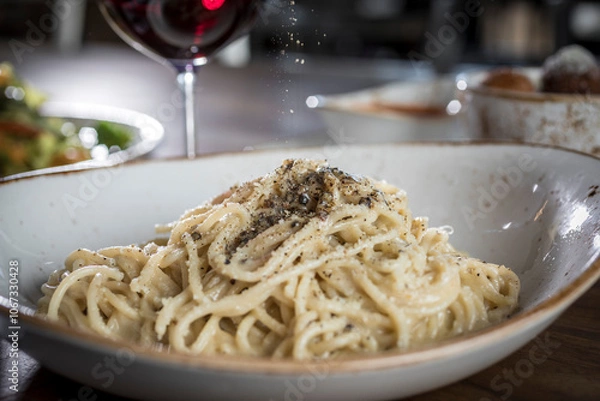 Obraz Spaghetti Cacio e Pepe getting seasoned with pepper