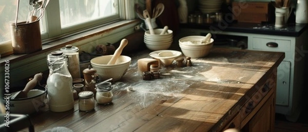 Fototapeta Sunlit kitchen counter strewn with baking tools and ingredients, embodying the warmth and creativity of making dough from scratch.