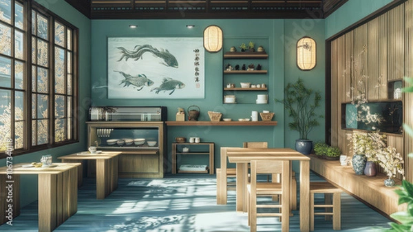 Fototapeta A Serene Japanese-inspired Cafe Featuring Elegant Raw Fish Presentations and Tranquil Decor