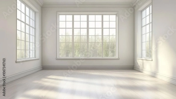 Fototapeta A spacious and bright empty gallery room with large windows that provide natural light. This room is perfect for showcasing art or hosting events. The white walls and wooden floor create a clean and m
