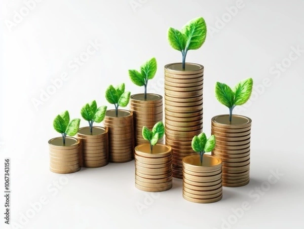Fototapeta Growth concept with coins stacked and sprouts, symbolizing investment and sustainability on a white isolated background.