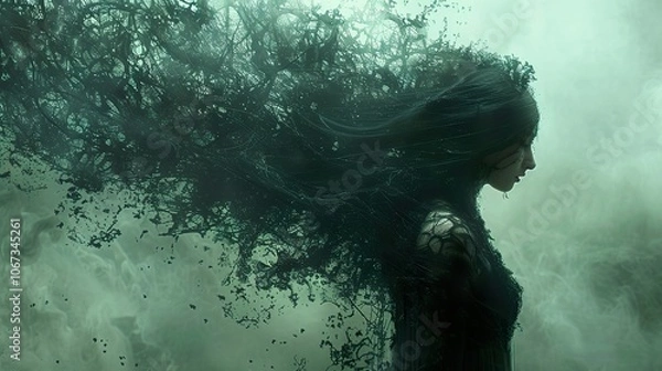 Fototapeta A Woman Lost in a Dreamlike Fog: A Surreal and Haunting Digital Art Piece