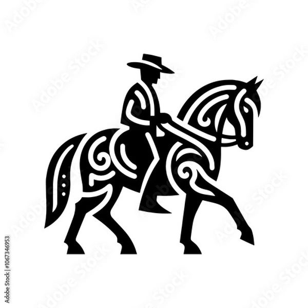 Fototapeta cowboy riding horse side view tribal art style engraved vintage design vector