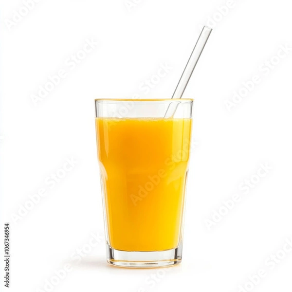 Obraz A refreshing glass of orange juice with a straw, isolated on a white background, emphasizing its vibrant color and freshness