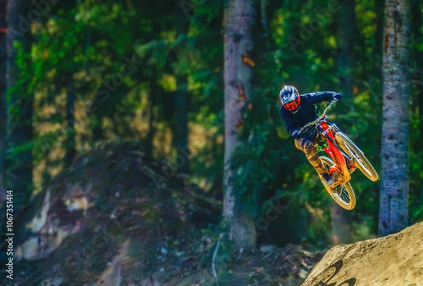 Fototapeta Mountain biker taking a leap of faith at Whistler, BC.