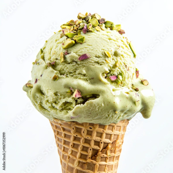 Obraz A scoop of pistachio ice cream in a cone, isolated on a white background, showcasing a unique flavor