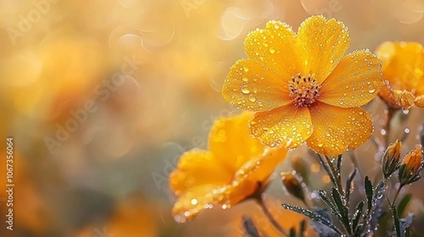 Fototapeta Dew-kissed Marigold Blossoms with Soft Focus and Gentle Light, Vibrant Colors, Captivating Bokeh Effects, Nature's Delicate Beauty