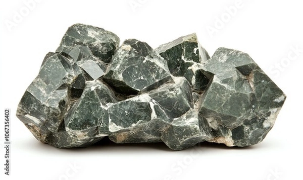 Fototapeta Close-up view of a cluster of green minerals displaying unique shapes and textures against a white background.