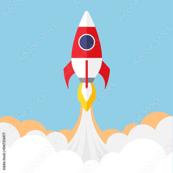 Fototapeta Space rocket flies out of clouds. Successful business start and technology. Startup launch online. New innovation project development idea, rocket ship symbol of success and power, spaceship flight