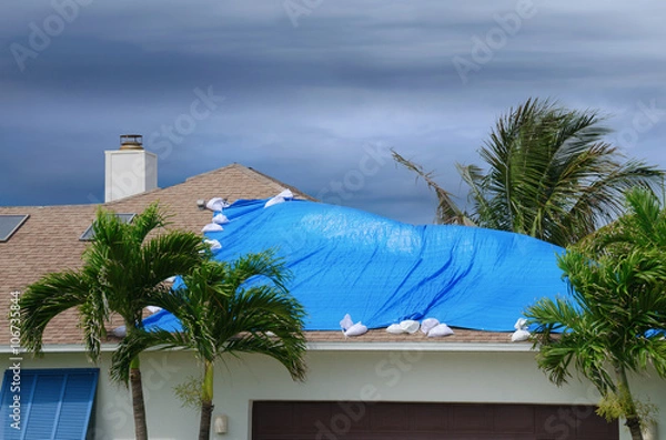 Fototapeta Storm damaged roof on house with a blue plastic tarp over hole in the shingles and rooftop.