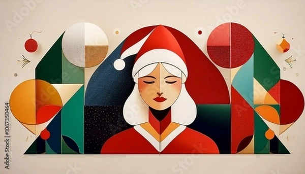 Fototapeta Christmas symbols. Merry Christmas. Christmas abstract geometric background with simple shapes, Santa Claus, celebration symbol, holiday food. Creative modern art. Bauhaus style Merry Christmas poster