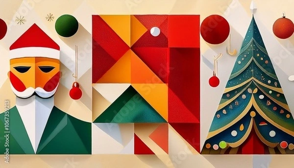 Fototapeta Christmas symbols. Merry Christmas. Christmas abstract geometric background with simple shapes, Santa Claus, celebration symbol, holiday food. Creative modern art. Bauhaus style Merry Christmas poster