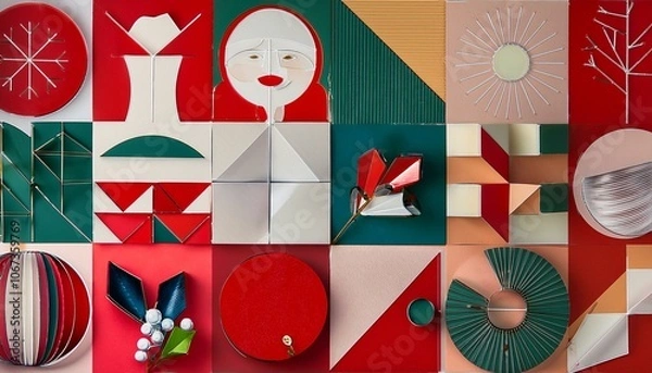 Fototapeta Christmas symbols. Merry Christmas. Christmas abstract geometric background with simple shapes, Santa Claus, celebration symbol, holiday food. Creative modern art. Bauhaus style Merry Christmas poster