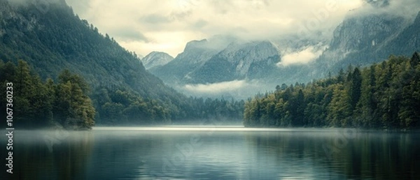Obraz A serene lake surrounded by misty mountains and lush forests, evoking tranquility and nature.