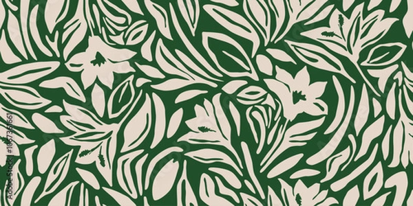 Fototapeta Exotic hand drawn flowers, seamless patterns with floral for fabric, textiles, clothing, wrapping paper, cover, banner, home decor, abstract backgrounds. Vector illustration.