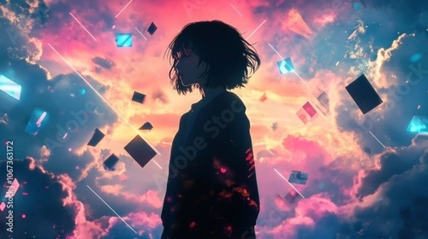Fototapeta Neon Dreams, A female silhouette surrounded by glowing geometric shapes in a pastel synthwave sky with Memphis-style patterns.