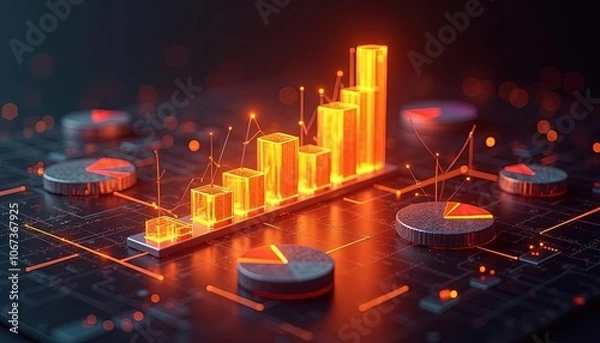 Obraz 3D infographics for business presentation with neon glowing charts, bars and pie diagrams
