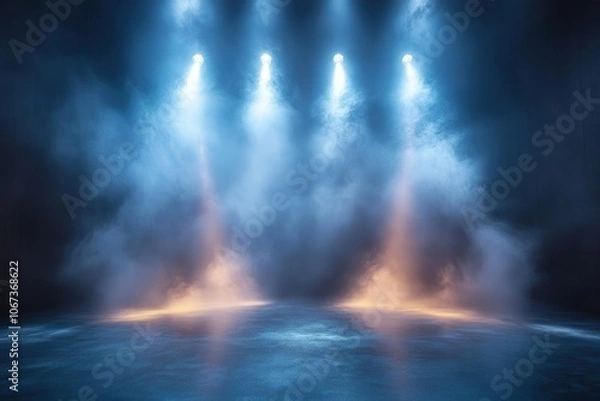 Fototapeta stage illuminated by multiple spotlights creating a dramatic performance area with bright beams of light contrasting against the dark backdrop setting the scene for entertainment