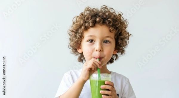 Fototapeta Curly-haired child enjoying a healthy green smoothie against a white background