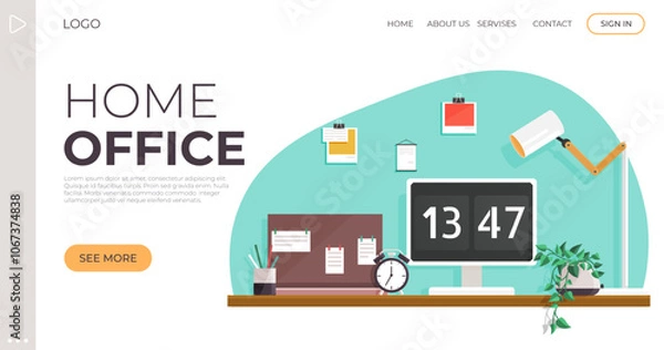 Fototapeta Clean and organized home office desk with computer monitor, clock, lamp, plant, and pinned notes. Ideal for productivity, remote work, minimalism, organization, and workspace inspiration. Simple and