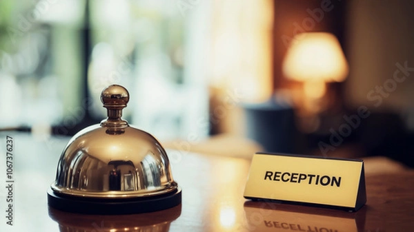 Fototapeta Close-up of a shiny reception desk bell beside a sign with a gold inscription RECEPTION in a cozy, modern uxurious hotel lobby, symbolizing hospitality and service.